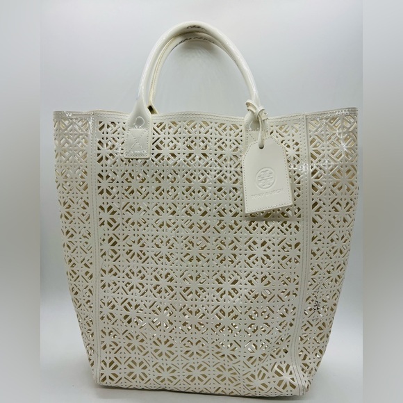 Tory Burch Handbags - Tory Burch white geometric laser cut out tote bag